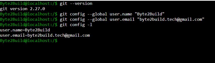 Configuring Git user name and email using git config command in Linux terminal