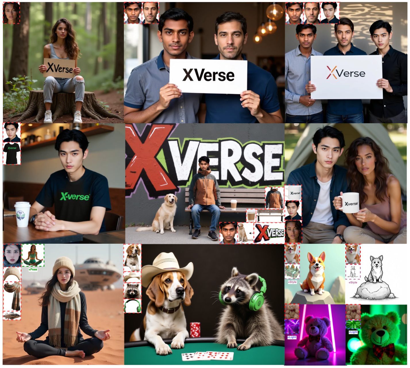 XVerse's capability in single/multi-subject personalization and semantic attribute control (pose, style, lighting)