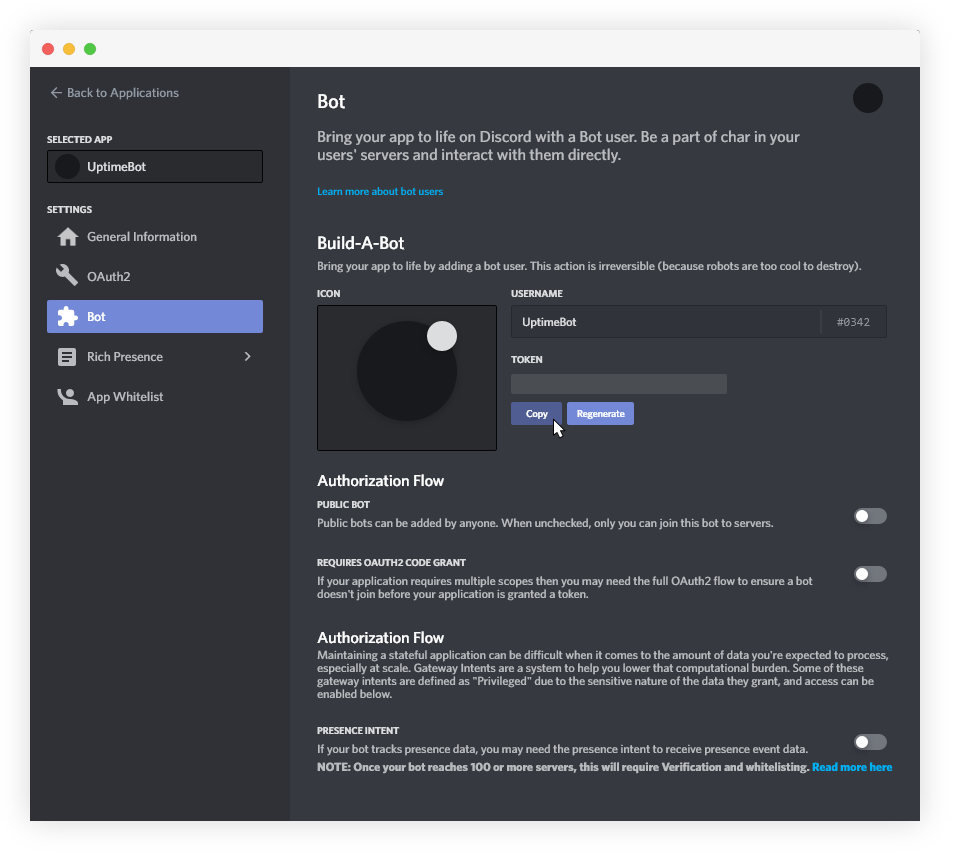 Discord Bot Section for Copying Token