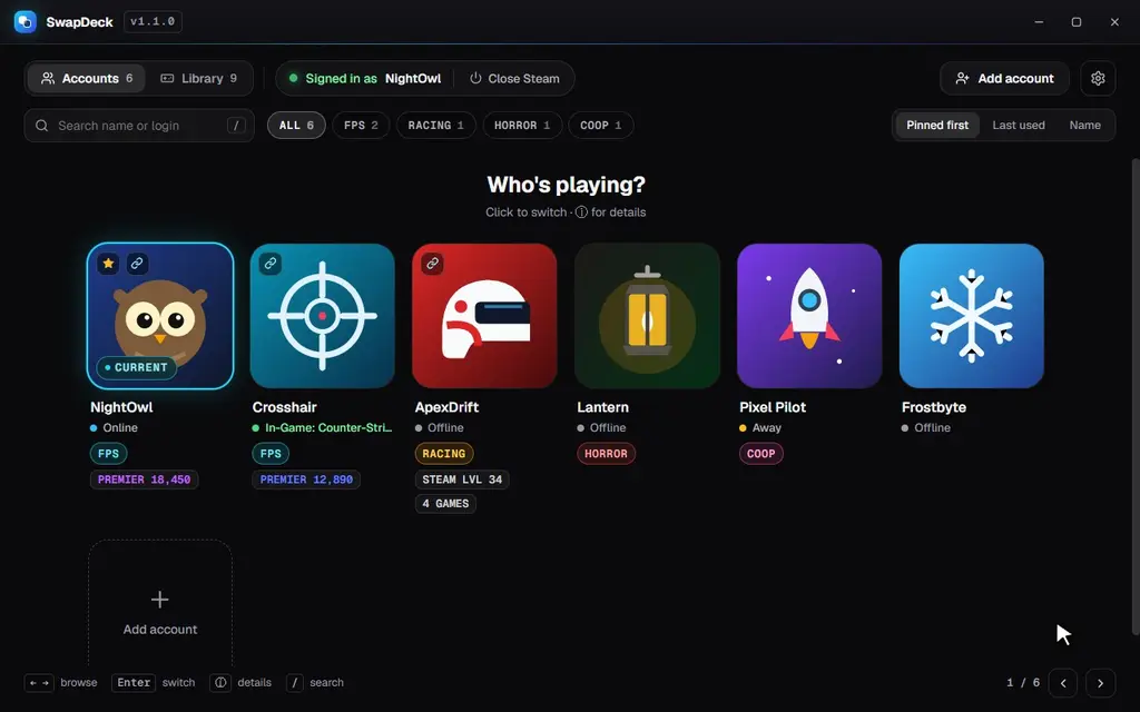 SwapDeck switching to another account, then launching Assetto Corsa: it switches account, display and sound, starts SimHub and Content Manager