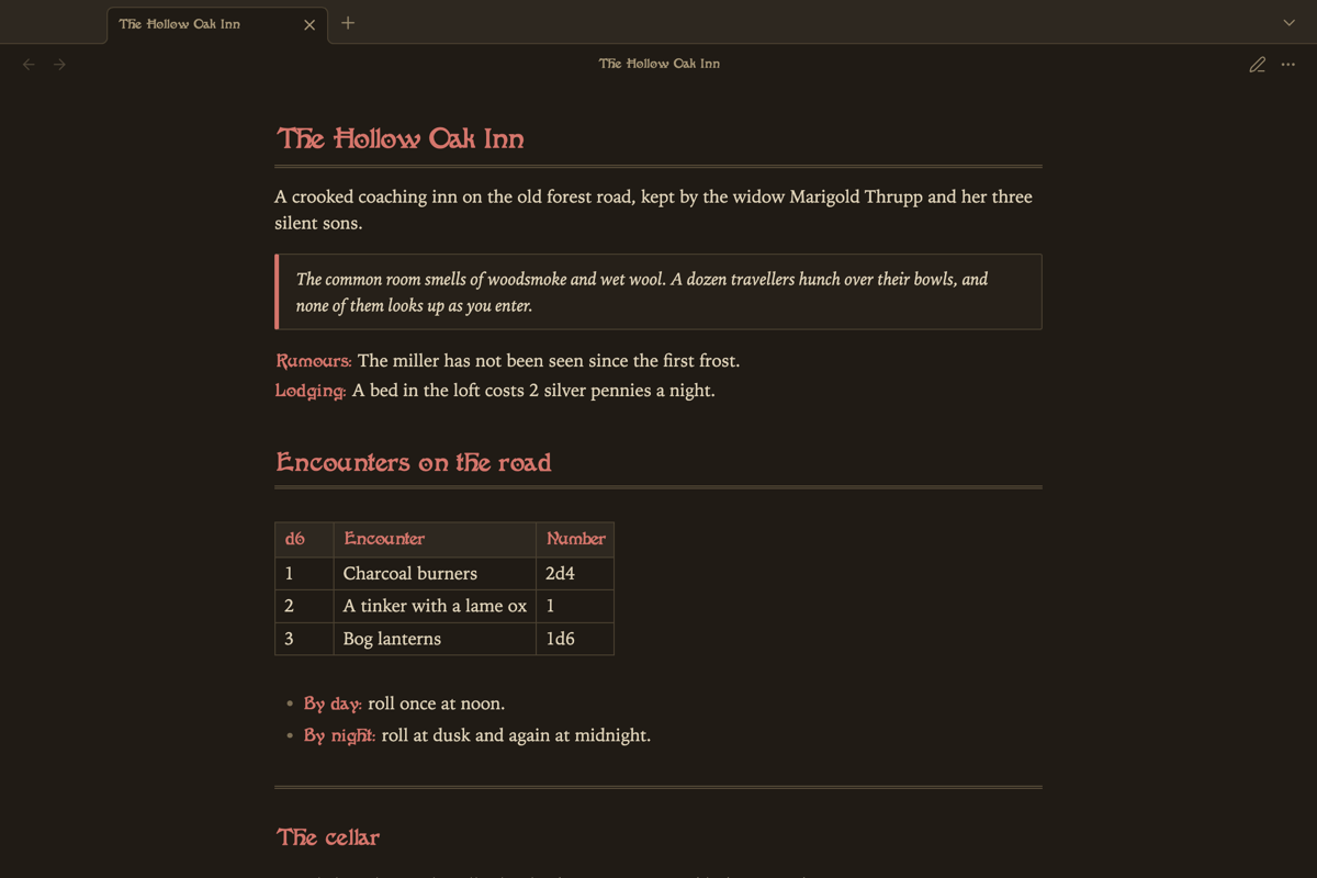 The same note in the dark scheme, with an encounter table