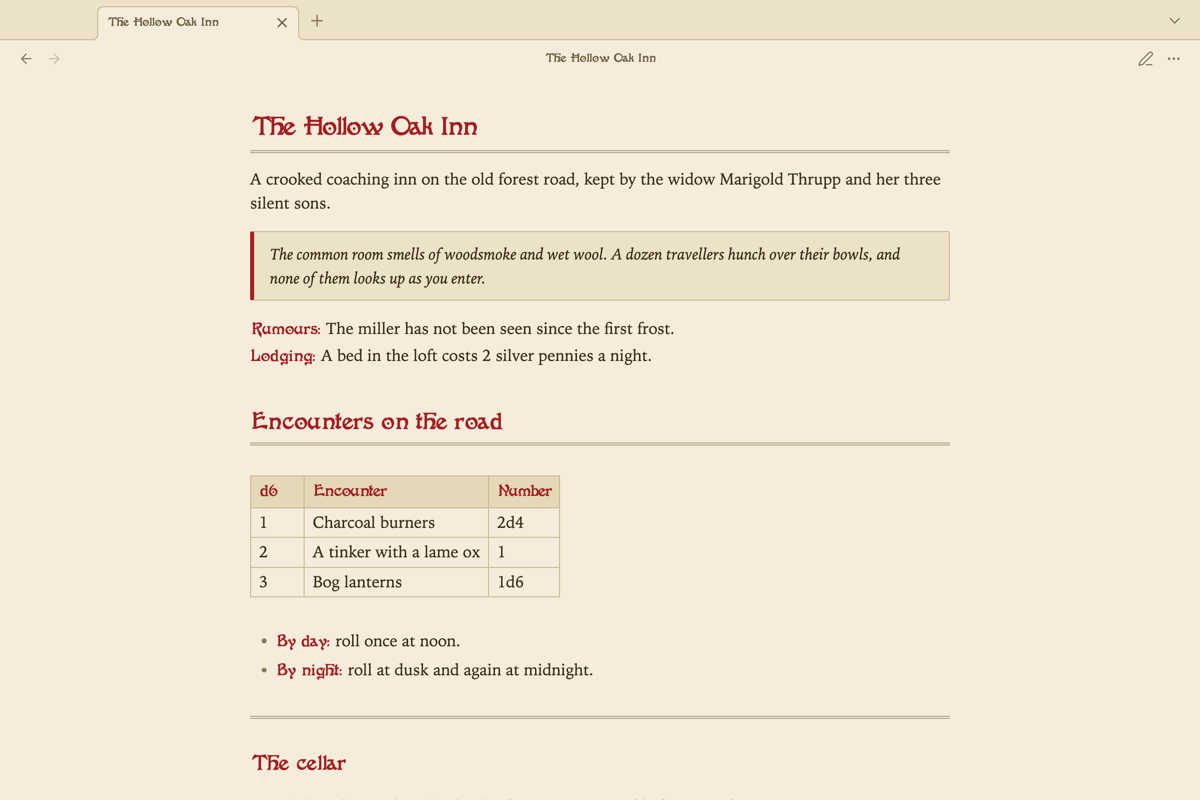 A note about a forest inn in the light scheme, with a red display heading, a boxed quote and red labels