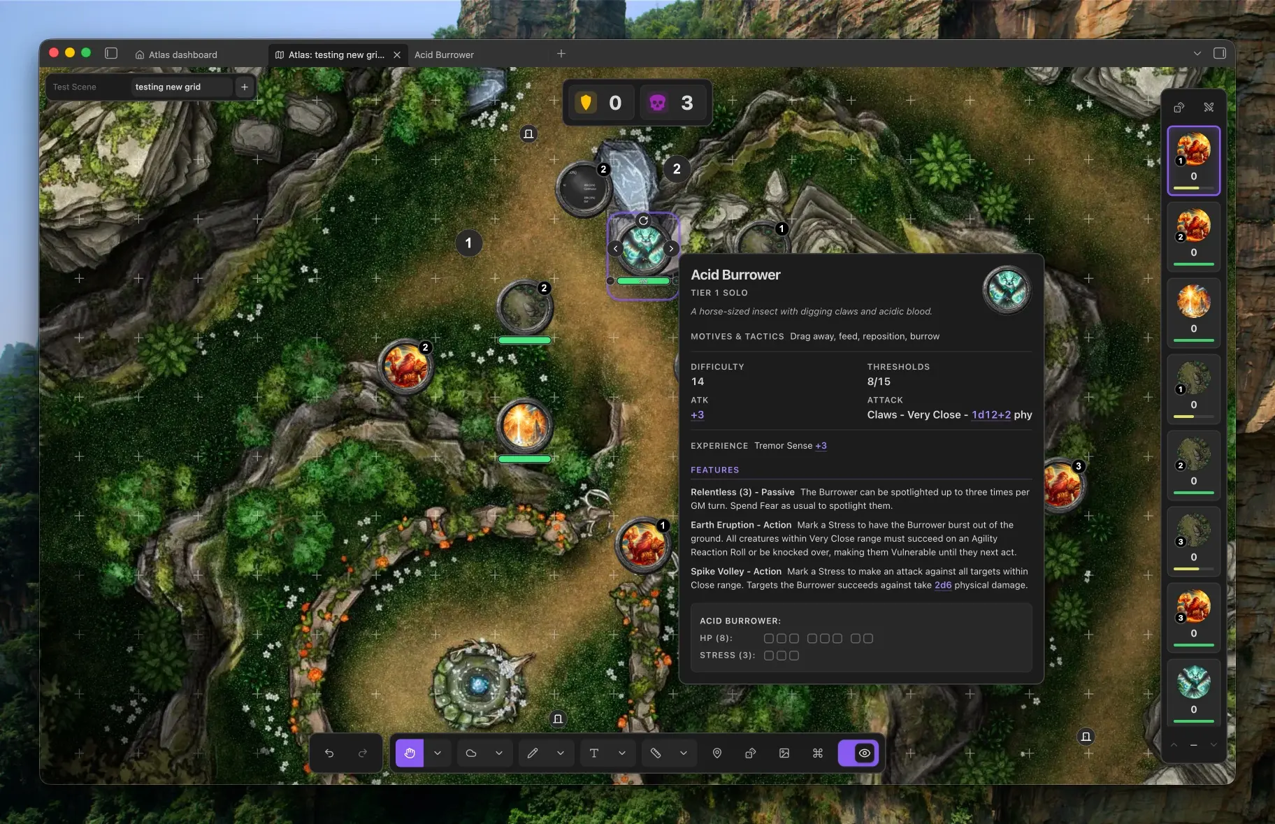 Atlas VTT showing a battle map, character tokens, a linked statblock, and the initiative tracker