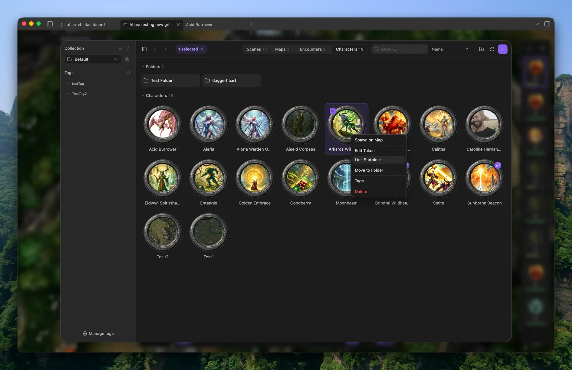 Atlas VTT collection manager with character tokens, folders, tags, and actions for spawning tokens and linking statblocks