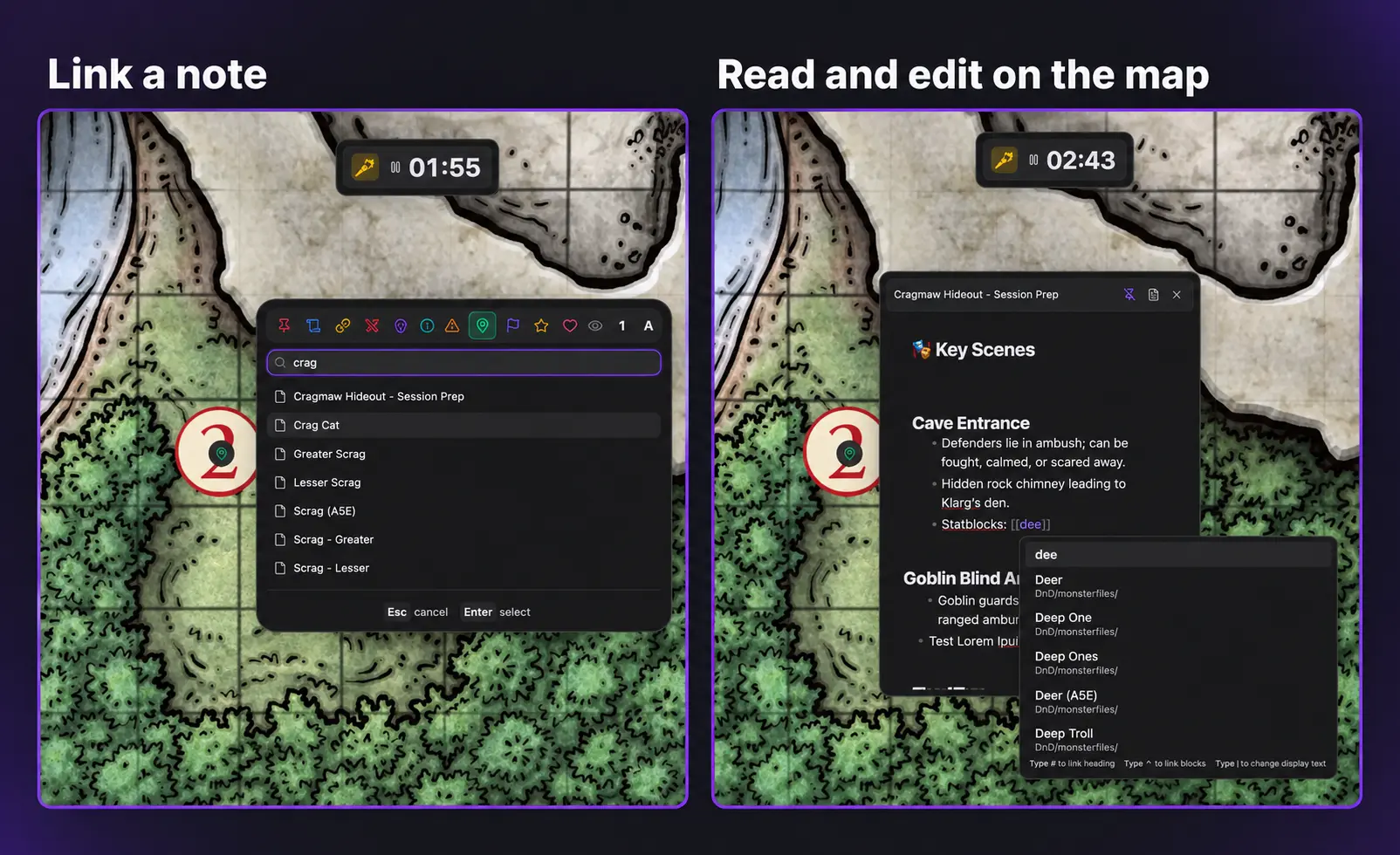 Atlas VTT showing the note picker beside a linked note open on the map, with editing and Obsidian link suggestions