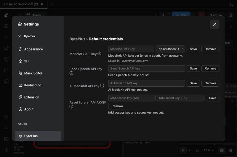 Settings → BytePlus after saving: "ModelArk API key: set (ends in abcd), from user/.env."