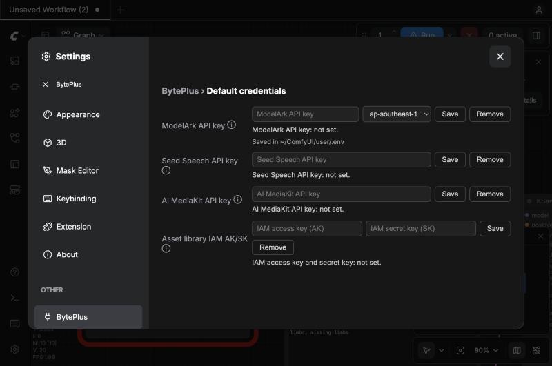 Settings → BytePlus with no key yet