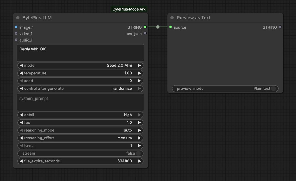 A BytePlus LLM node connected to Preview as Text: no key and no client node on the canvas