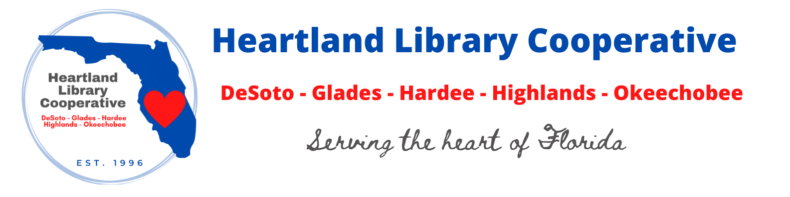 Image states: Heartland Library Cooperative, serving DeSoto, Glades, Hardee, Highlands, & Okeechobee Counties