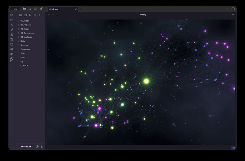 A rotating 3D orrery of an Obsidian vault's link graph