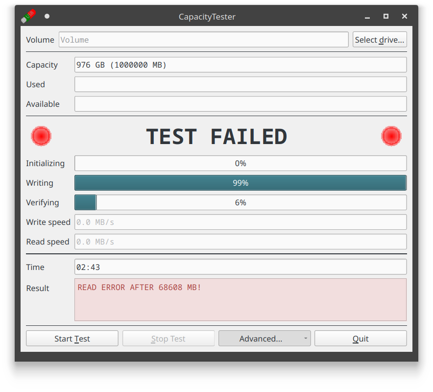 Disk test detected fake flash drive