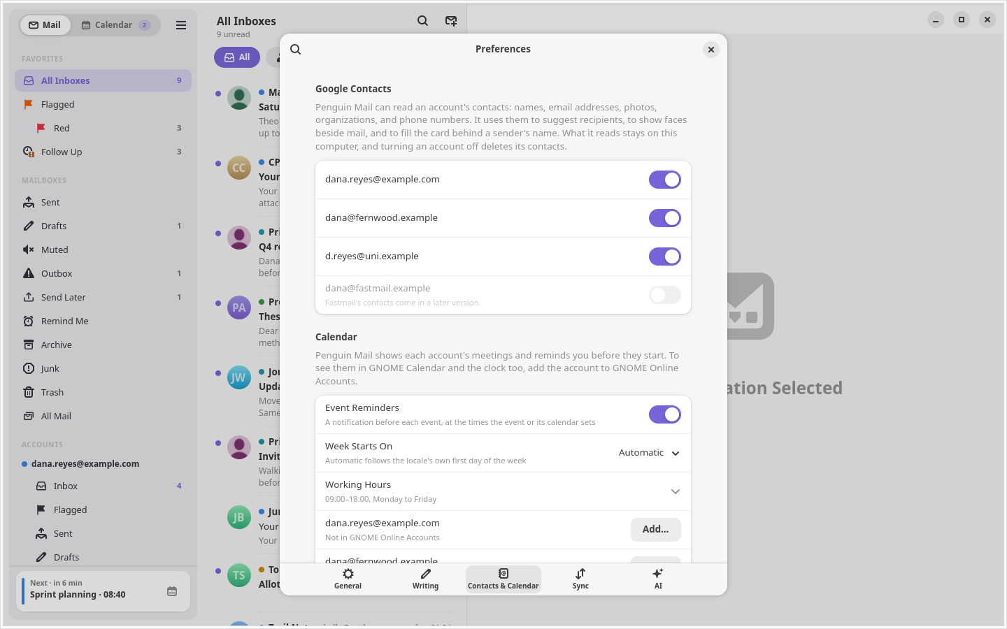 Preferences, with the calendar settings