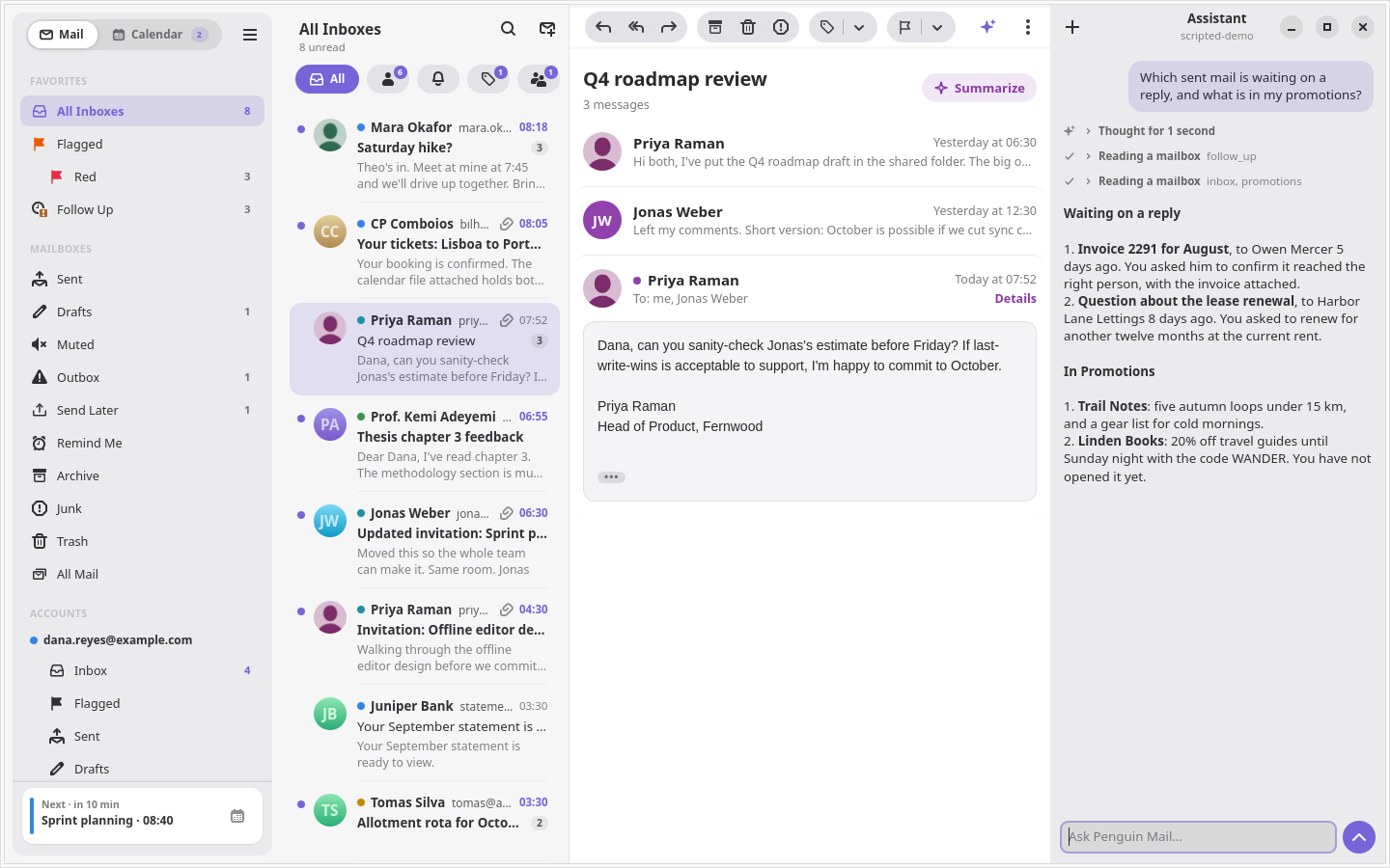 The assistant listing mail that waits on a reply