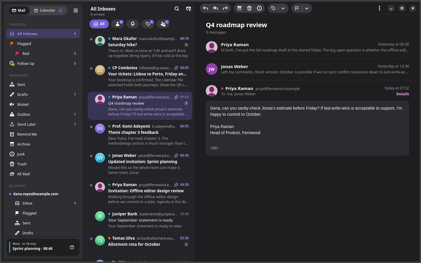 The inbox in dark mode