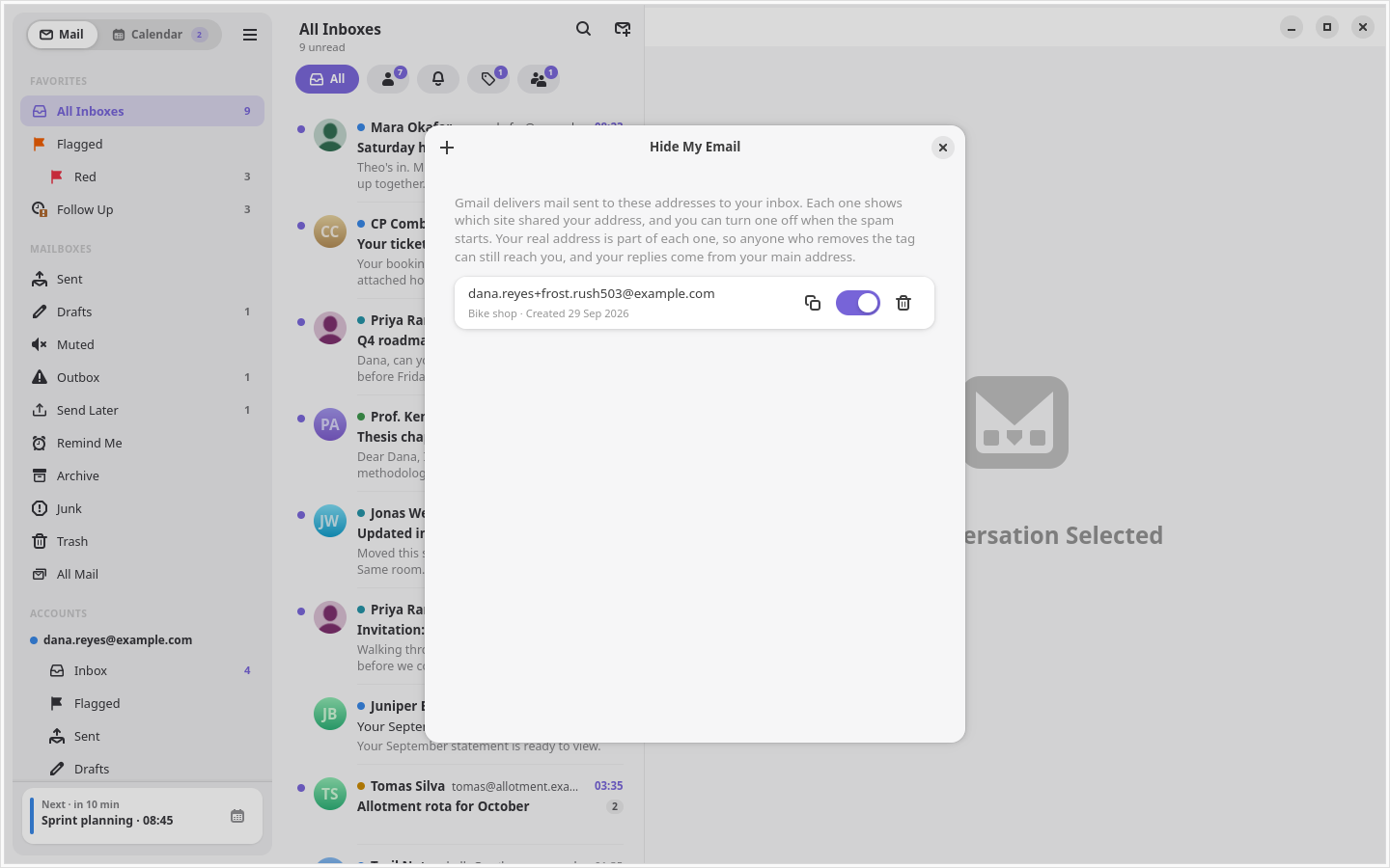 Hide My Email, with one address and its switch