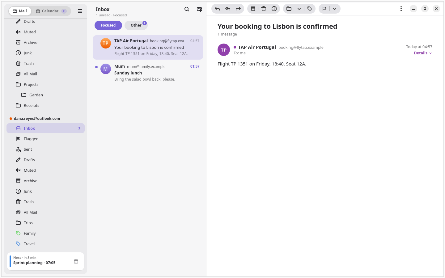 An Outlook.com inbox with Focused and Other, and the account's tags in the sidebar