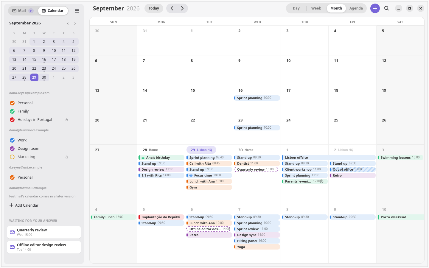 The calendar's month, with a bar across the days of a trip