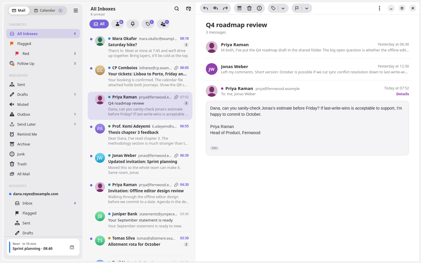 All accounts in one inbox, with a reply open and its quoted history folded