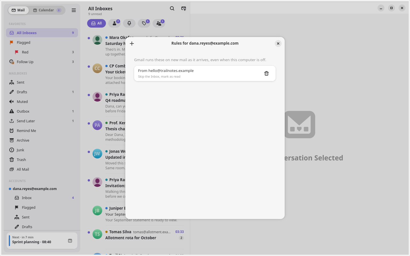 A Gmail filter in the Rules dialog