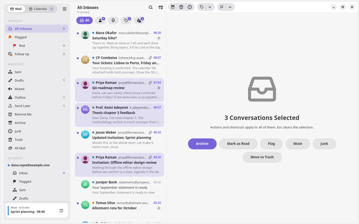Three conversations selected, with bulk actions