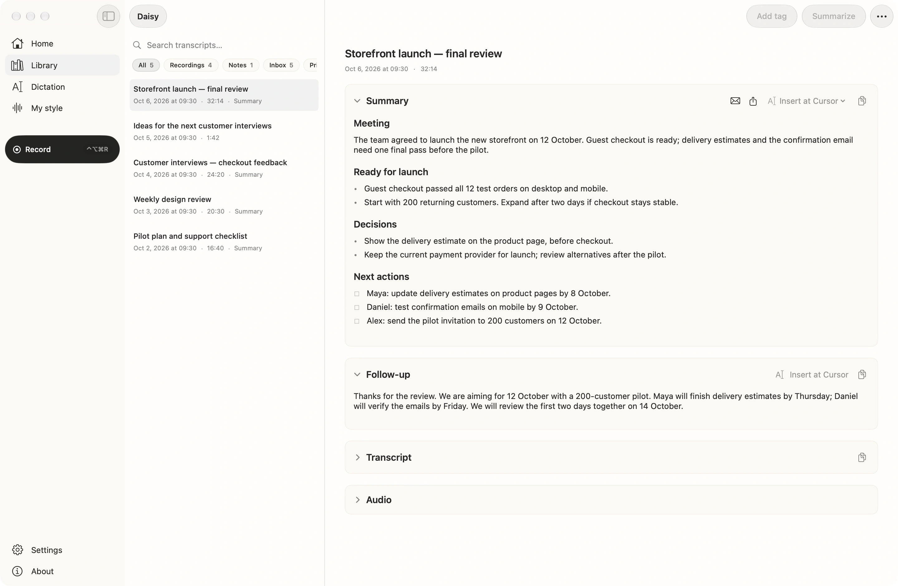 Daisy's Library with a meeting summary: decisions, next actions and a draft follow-up (demo data)