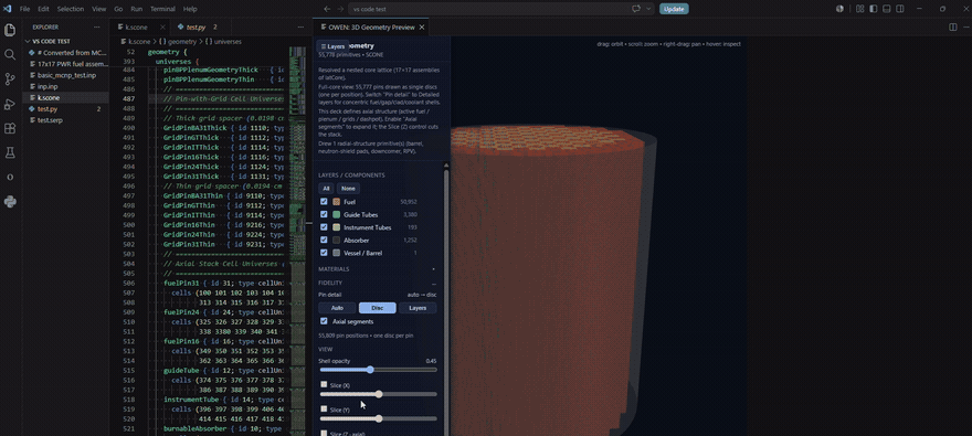 OWEN 3D geometry preview of a full BEAVRS core from a SCONE deck, expanding to 1.2 million primitives with per-axial-layer toggles and slice planes