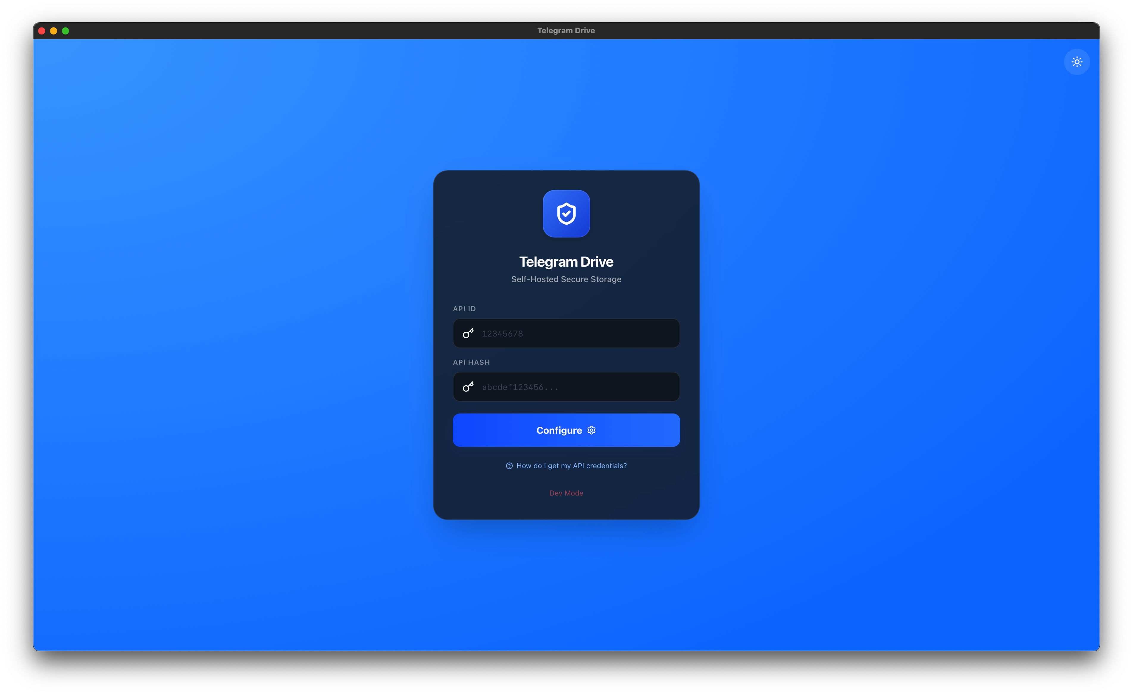 Màn hình xác thực Telegram Drive