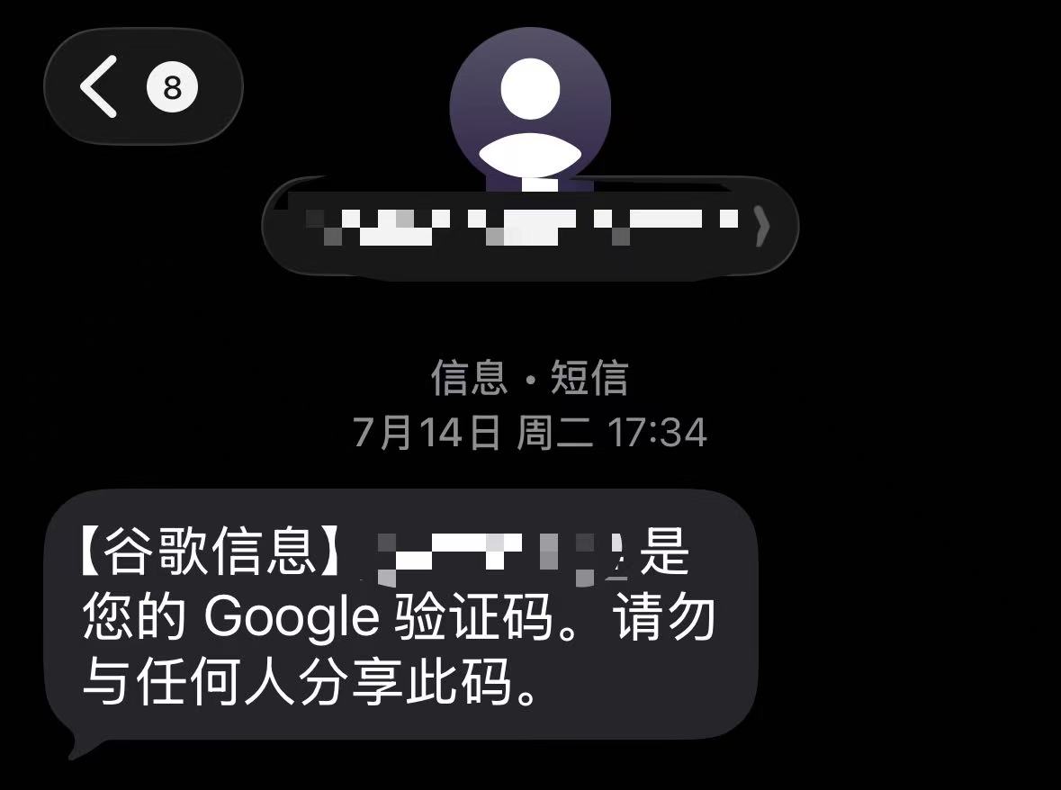 Google 账号注册短信验证示例（已遮挡验证码）