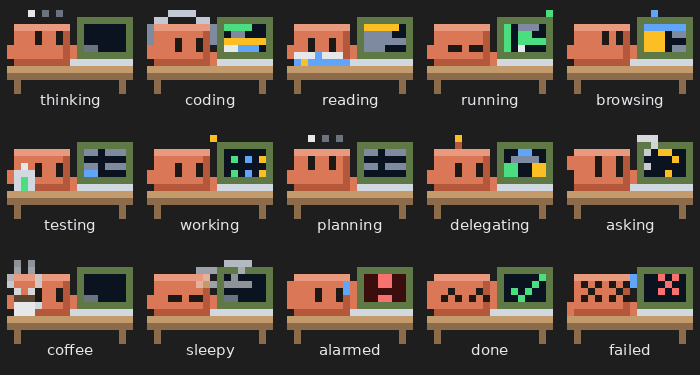 Subagent looks: thinking, coding, reading, running, browsing, testing, working, planning, delegating, asking, coffee, sleepy, alarmed, done, failed