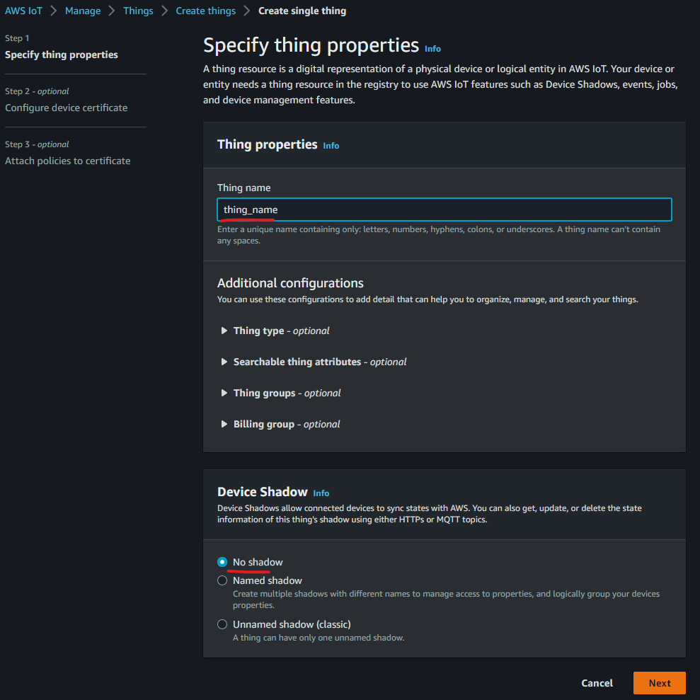 AWS IoT Create Thing - Thing details