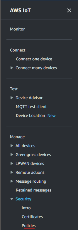 AWS IoT Core - Policies page