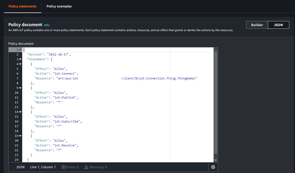 AWS IoT Create Policy page