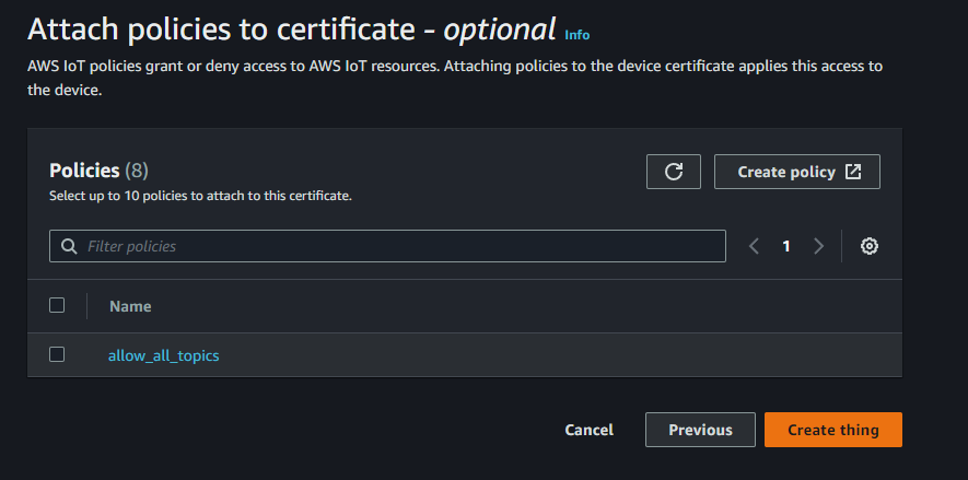 AWS IoT Create Thing - Thing Policy - Check created policy