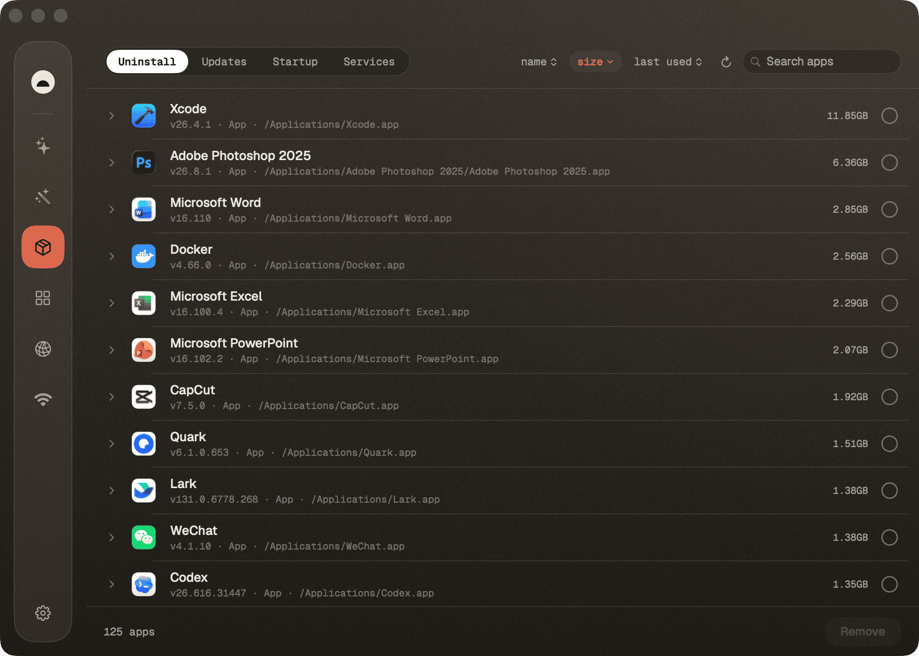 Software โ installed apps with search, sort, and multi-select uninstall