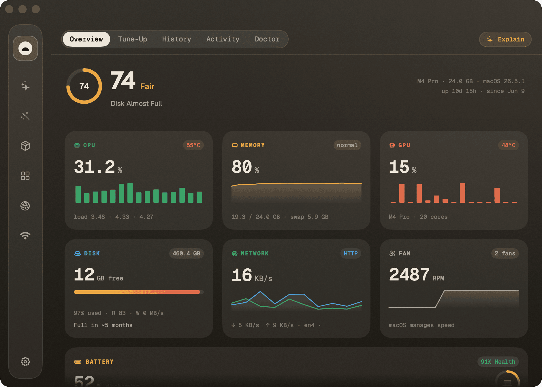 Status โ live CPU, memory, GPU, disk, network, and battery