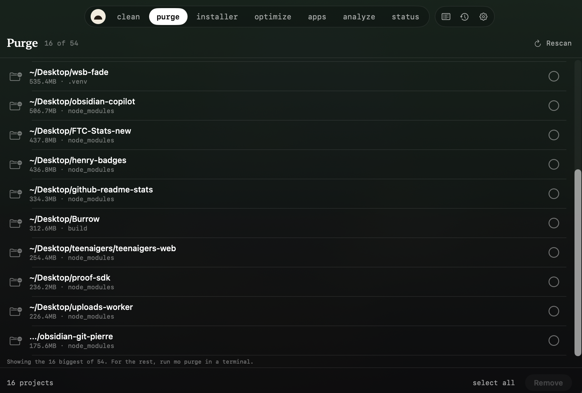 Purge — reclaim space from dev projects (node_modules, build dirs, target/…)
