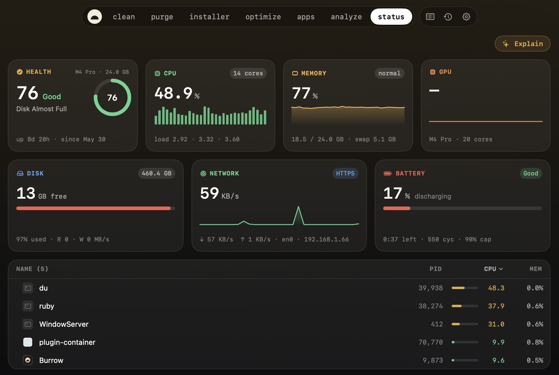 Status — live CPU, memory, GPU, disk, network, and battery with sparklines