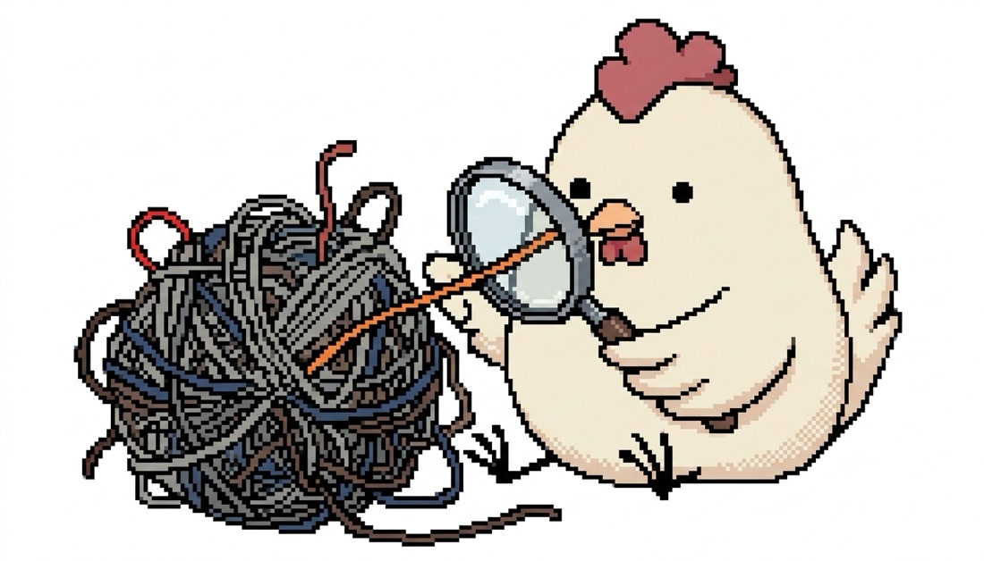 debugging — pulling one thread from a tangled ball of yarn