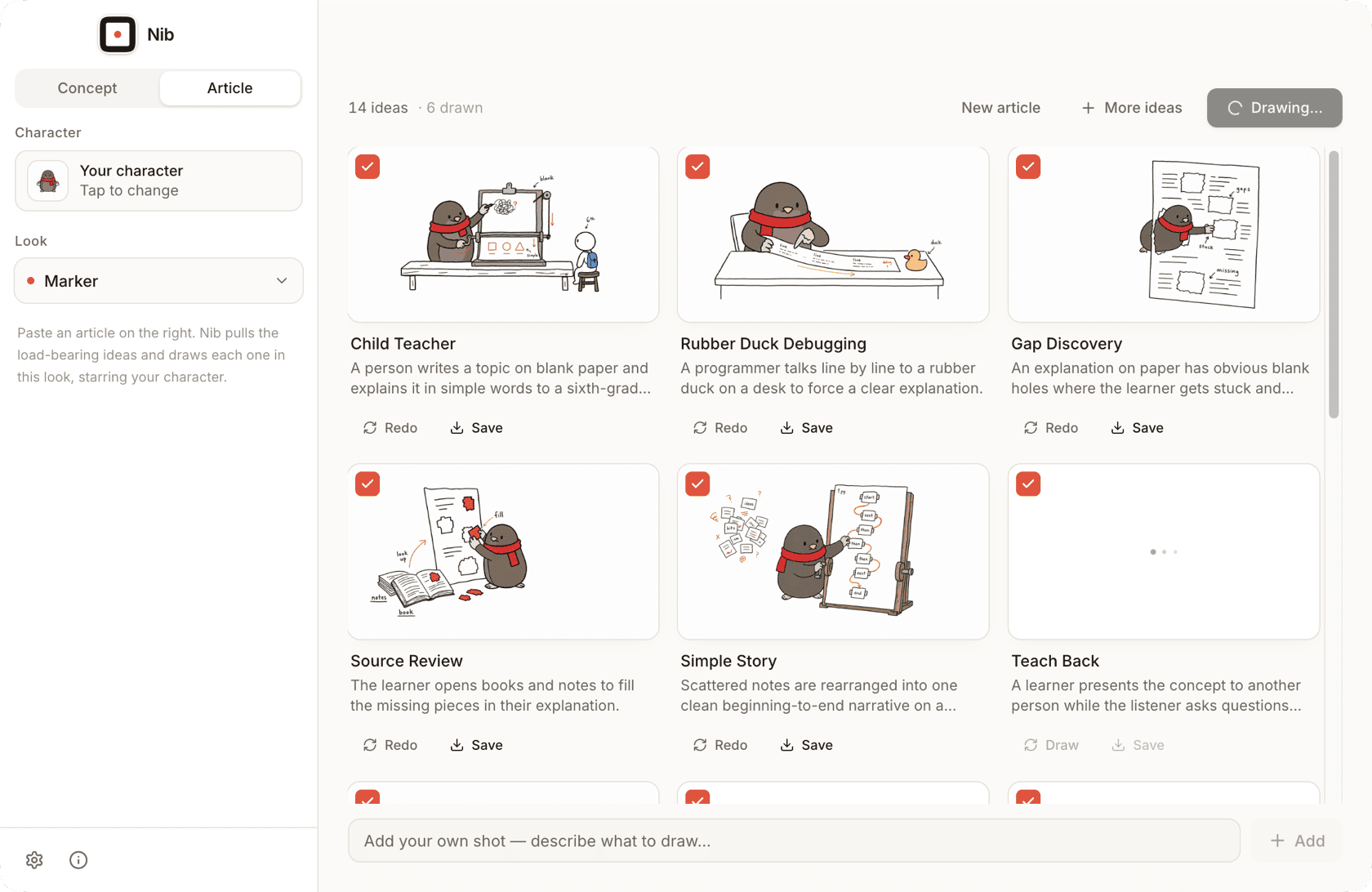 Article mode — a shot list you shape: select, add, or expand the ideas, then draw them in parallel