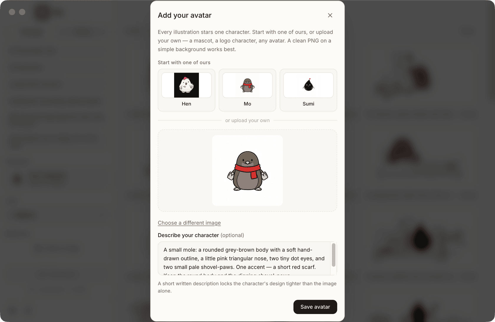 Avatar setup — start from Hen, Mo, or Sumi, or bring your own character