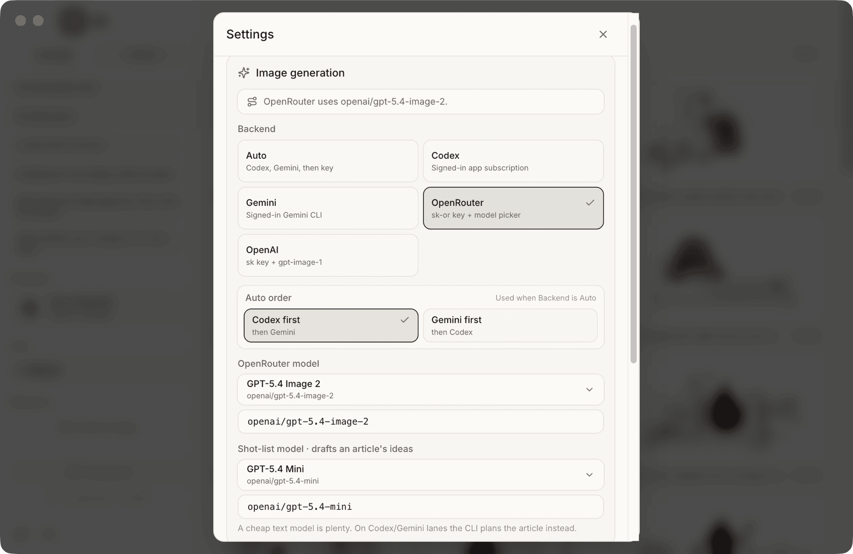 Settings — free Codex/Gemini lanes or a keyed OpenRouter model, plus a shot-list model picker
