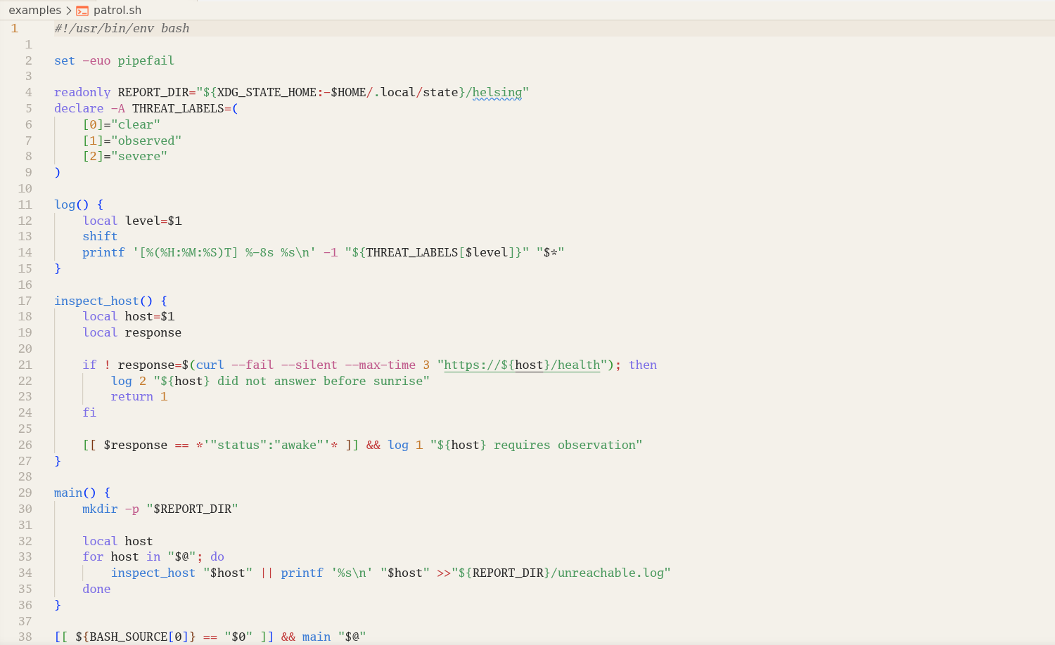 Helsing displaying Bash source code