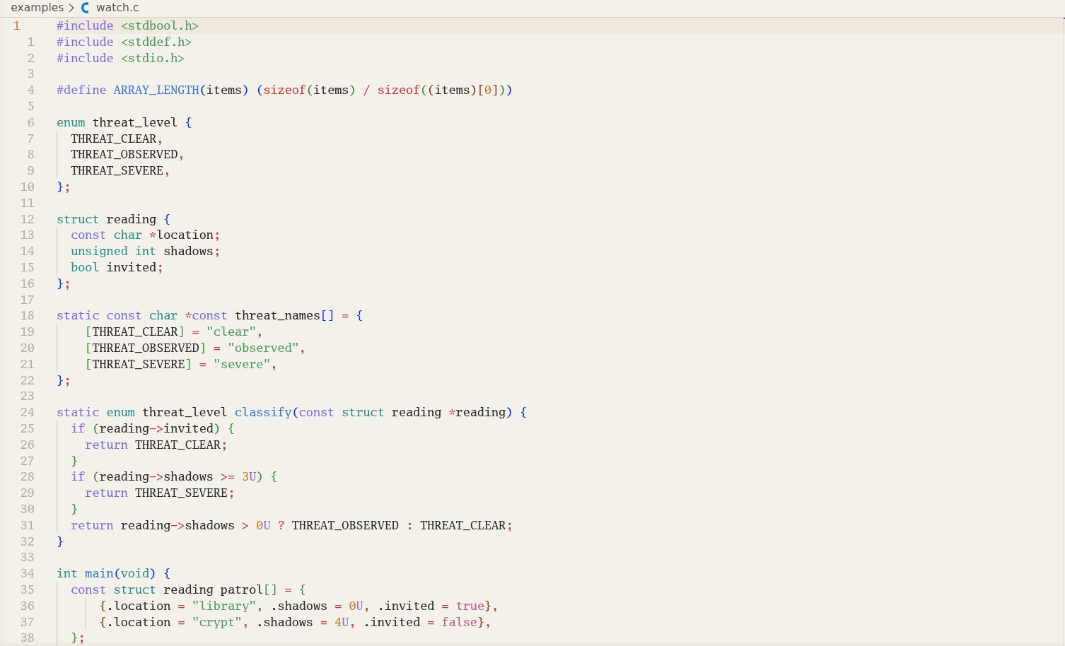 Helsing displaying C source code
