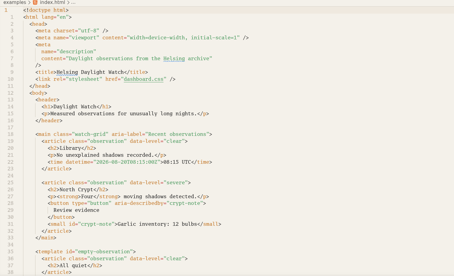Helsing displaying HTML source code