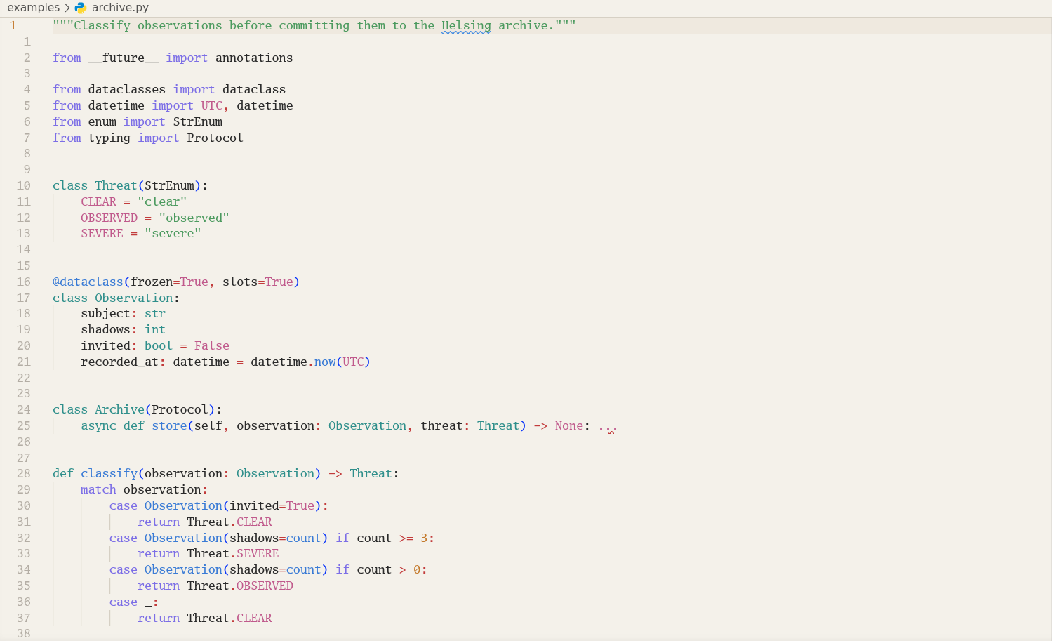 Helsing displaying Python source code