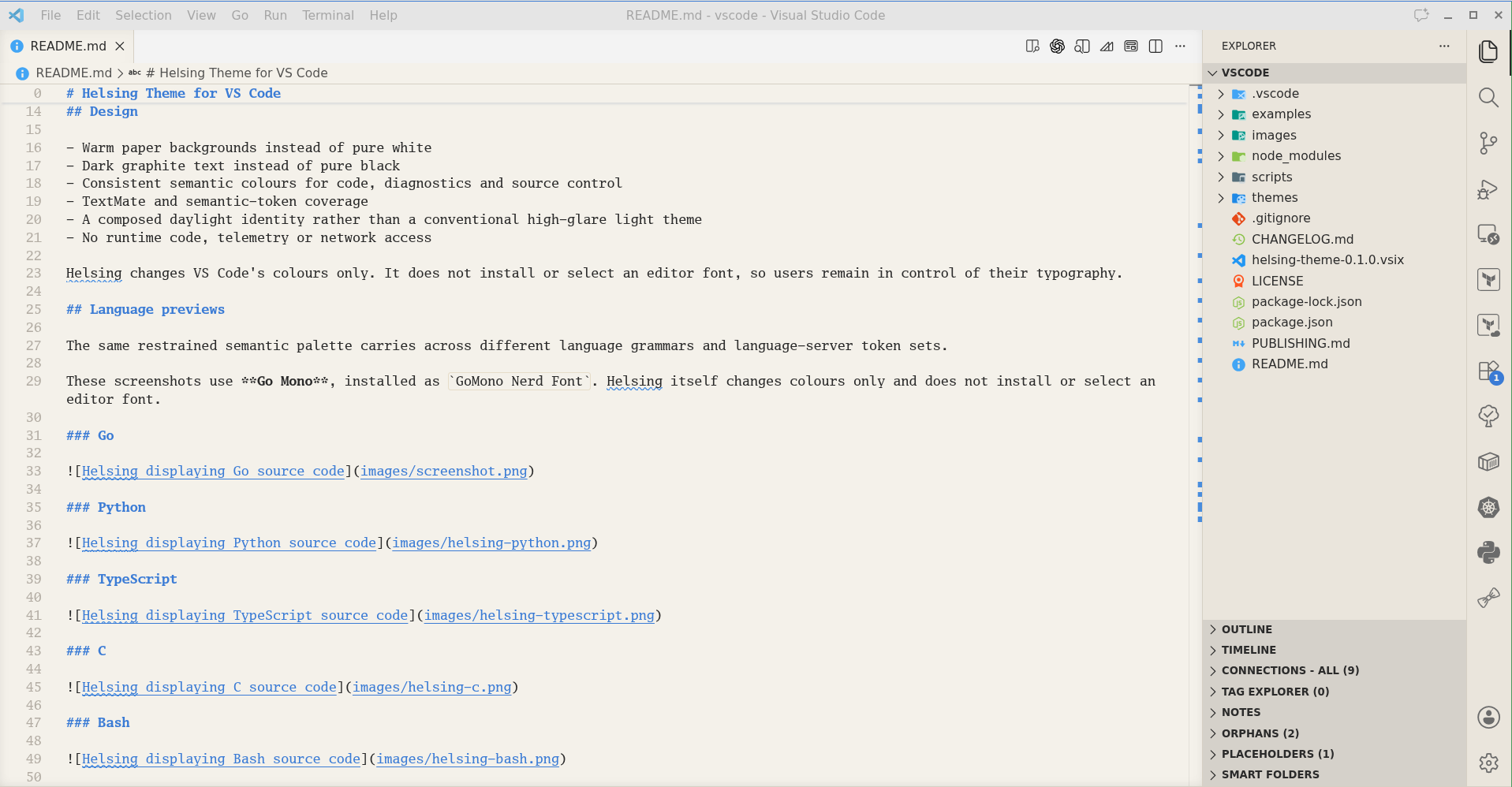 Helsing Theme in the VS Code workbench