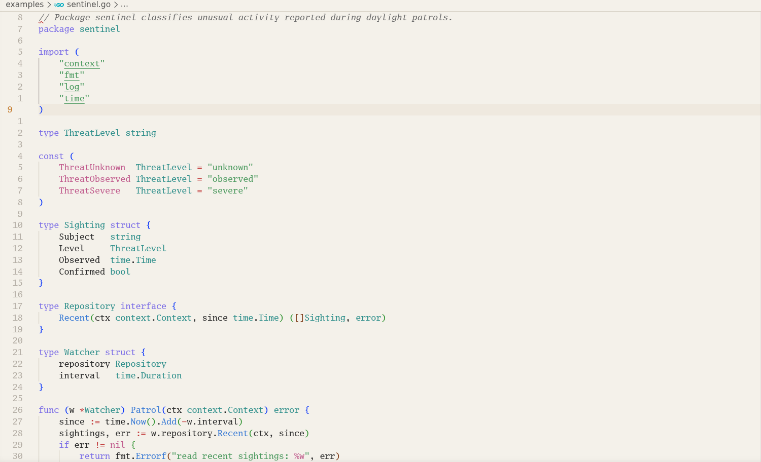 Helsing displaying Go source code