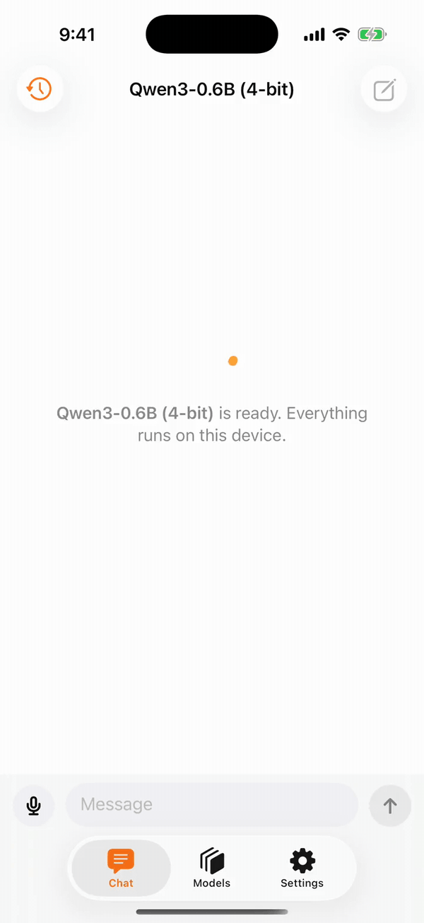 loopl on an iPhone 16 Pro: Qwen3-0.6B calls current_time and calculator, then answers. Nothing leaves the device.