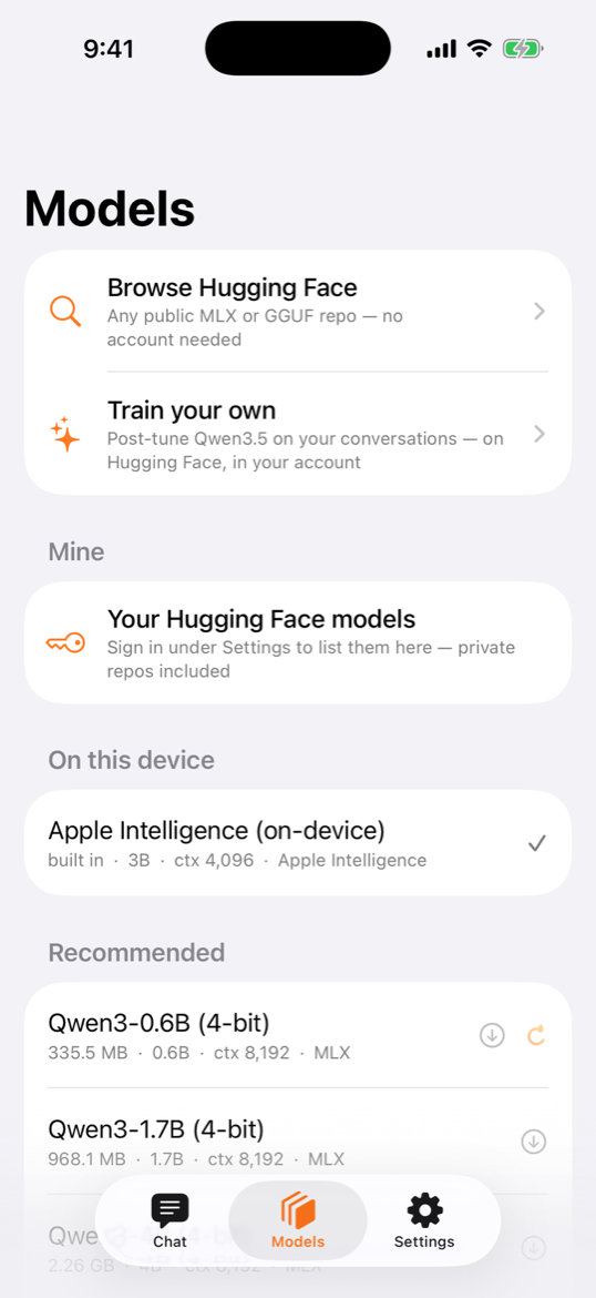 Models: browse Hugging Face, train your own, your private models