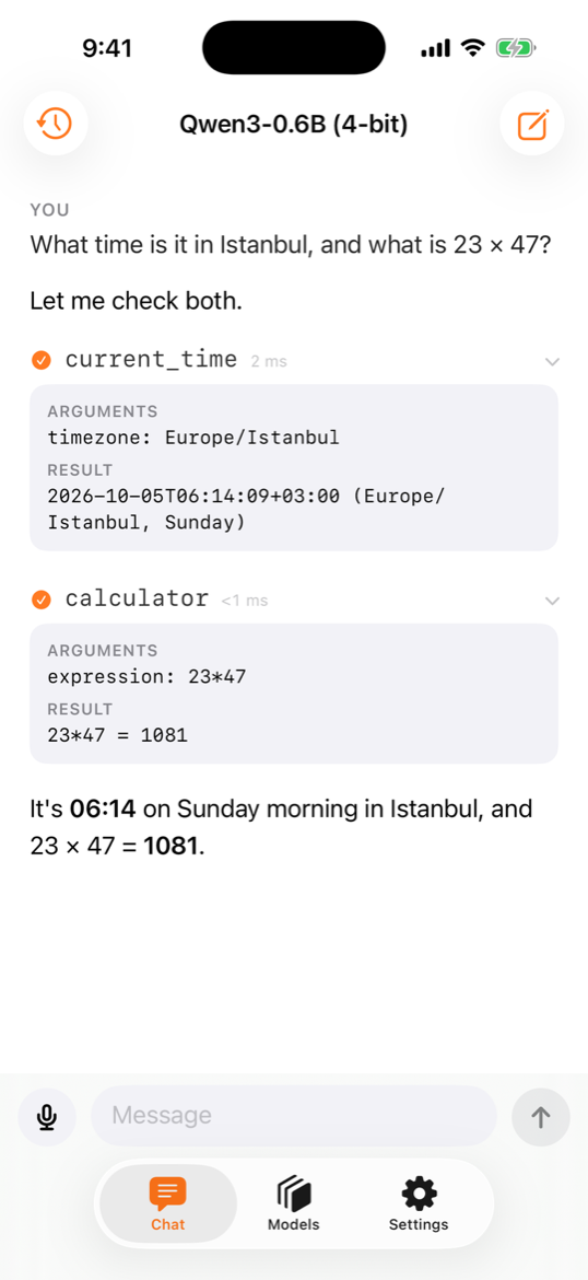 Chat: two tool calls with their arguments and results